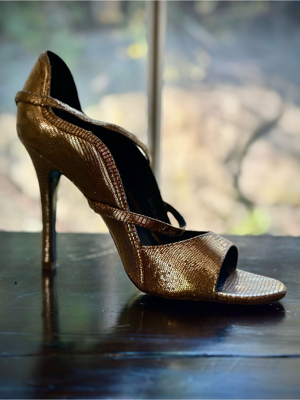 Rebecca Minkoff Metallic Gold Peep-Toe Stiletto Sandal